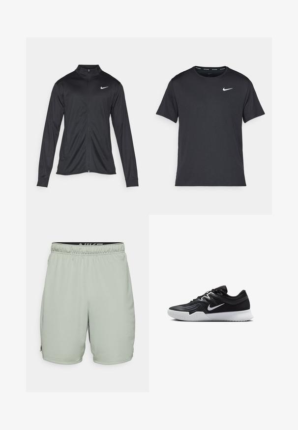Must värvi sportlik jakk pikkade varrukatega, krae ja täispikk tõmblukk. Ülemises vasakus rinnas on diskreetne valge Nike logo. Sile tekstuur.; Mustamust Nike'i jooksupaita, mis on valmistatud kergest ja hingavast materjalist, lühikeste varrukatega ja mille rinnal on väike valge logo.; Nike Performance TOTALITY - Spordišortsid - jade horizon/black; Must mustad jalanikesad rikaste ülaservaga, valge Nike swoosh'i ja valge kummist välispõhjaga. Omab paeltega sulgemisdetaili ja dünaamilist kuju.