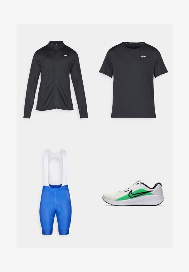 Črna atletska jakna z dolgimi rokavi, ovratnikom in polnim zadrgo. Vključuje diskreten bel Nike logotip na zgornjem levem delu prsnega koša. Gladka tekstura.; Črna tekaška majica Nike, izdelana iz lahkega in zračnega materiala, z kratkimi rokavi in majhnim belim logotipom na prsih.; Modri kolesarski kratke hlače z belimi naramnicami, ki vsebujejo oblazinjeno sedenje, gladko teksturo in prilagojen kroj za udobje in zmogljivost.; Bela športna čevlja z zelenim poudarkom, črnim logotipom, mrežastim zgornjim delom, oblazinjenim podplatom in zaobljenim peto. Ima vezalke in kontrastne detajle.