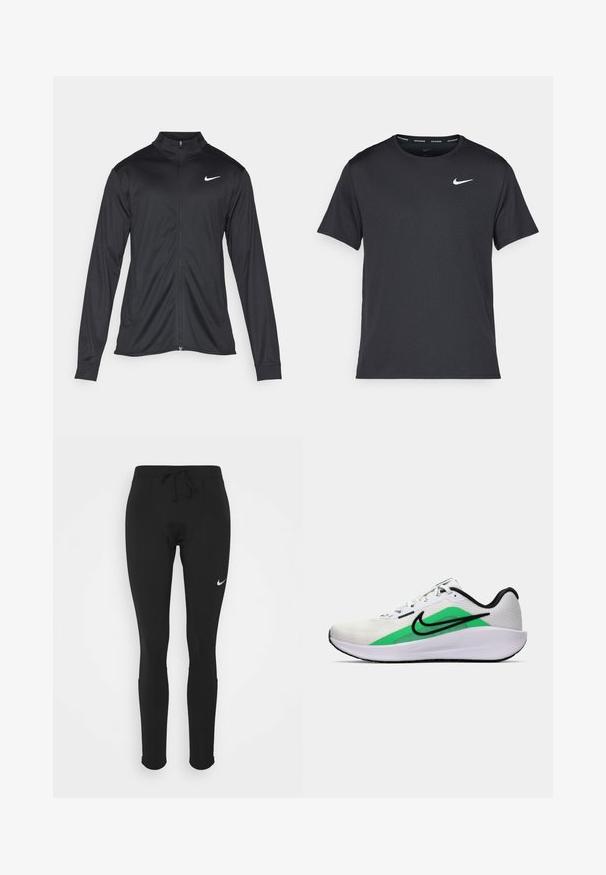 Svart idrettsjakke med lange ermer, krage og full glidelås. Har en subtil Nike-logo i hvitt på øvre venstre bryst. Glatt tekstur.; Svart Nike løpe-T-skjorte laget av lett, pustende stoff, med korte ermer og en liten hvit logo på brystet.; Sorte treningslongs med snor i livet, laget av elastisk stoff, med en liten hvit Nike-logo på venstre lår.; Hvit atletisk sko med grønt aksent, svart logo, mesh-overdel, polstret såle og rund hæl. Har snøring og kontrastdetaljer.