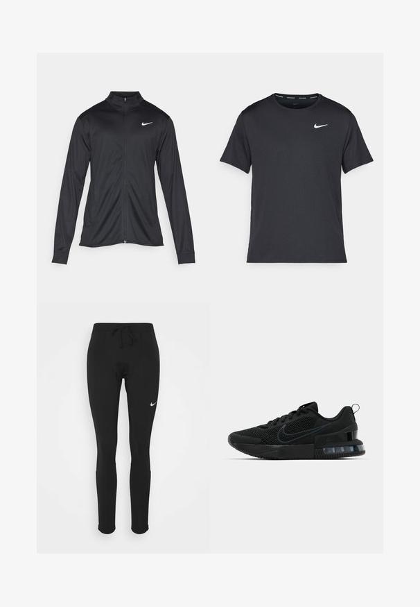 Veste de sport noire à manches longues, avec col et fermeture éclair intégrale. Présente un logo Nike subtil en blanc sur le côté supérieur gauche de la poitrine. Texture lisse.; T-shirt de course noir Nike en matériau léger et respirant, avec des manches courtes et un petit logo blanc sur la poitrine.; Leggings de sport noirs avec une taille à cordon de serrage, fabriqués en tissu extensible, présentant un petit logo Nike blanc sur la cuisse gauche.; Baskets de sport Nike noires avec dessus en maille, semelle en caoutchouc, col rembourré et un accent distinctif au talon transparent.