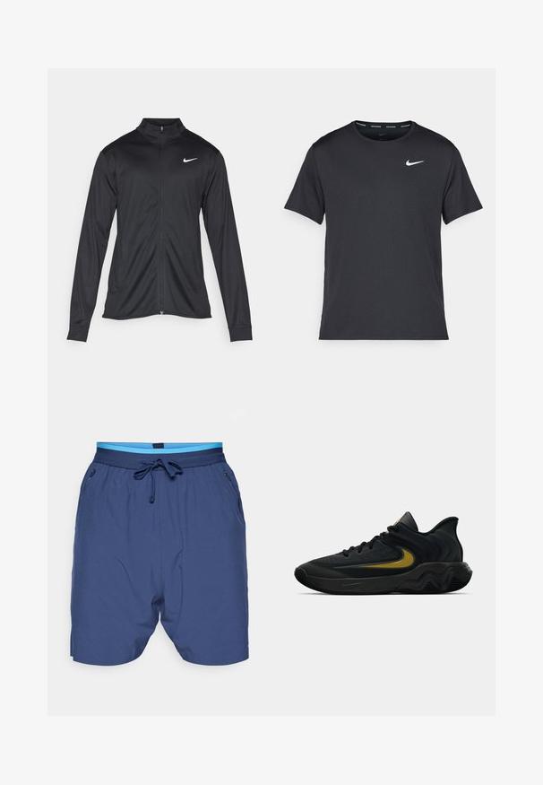 Juodas sportinis švarkas su ilgomis rankovėmis, apykakle ir pilnu užtrauktuku. Yra subtilus baltas Nike logotipas kairėje krūtinės pusėje. Lygus tekstūra.; Juodas Nike bėgimo marškinėlis, pagamintas iš lengvos, kvėpuojančios medžiagos, turintis trumpas rankoves ir mažą baltą logotipą ant krūtinės.; Tamsiai mėlyni šortai su elastinga juosta, šviesiai mėlyni akcentai ir šoninės kišenės. Pagaminti iš lygaus, lengvo audinio.; Juodos ir tamsiai pilkos sportinės bateliai su juodais raišteliais ir auksiniu šypsenėlių logotipu, turintys bangos formos pado dizainą ir paminkštintą kulkšnies apykaklę.