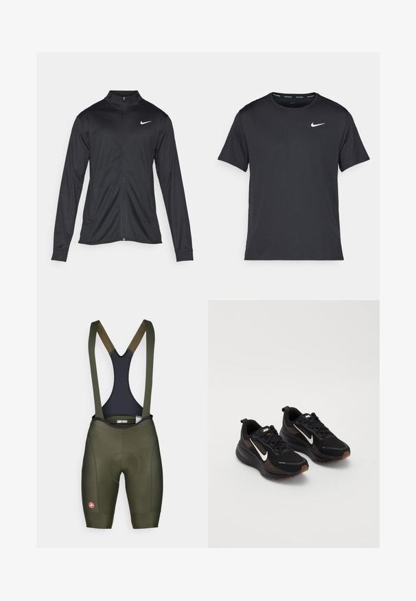 Jacket desportivo preto com mangas longas, colarinho e fecho zip completo. Apresenta um discreto logotipo da Nike em branco na parte superior do lado esquerdo do peito. Textura suave.; T-shirt de corrida Nike preto, feito de material leve e respirável, com mangas curtas e um pequeno logo branco no peito.; Calções de ciclismo para homem em verde-oliva escuro, com alças em malha, assento acolchoado, ajuste justo, textura suave e um pequeno logótipo vermelho na perna.; Tênis atléticos pretos com parte superior em malha respirável, logo da Nike em branco, sola texturizada e detalhes contrastantes em marrom. Inclui calcanhar reforçado.