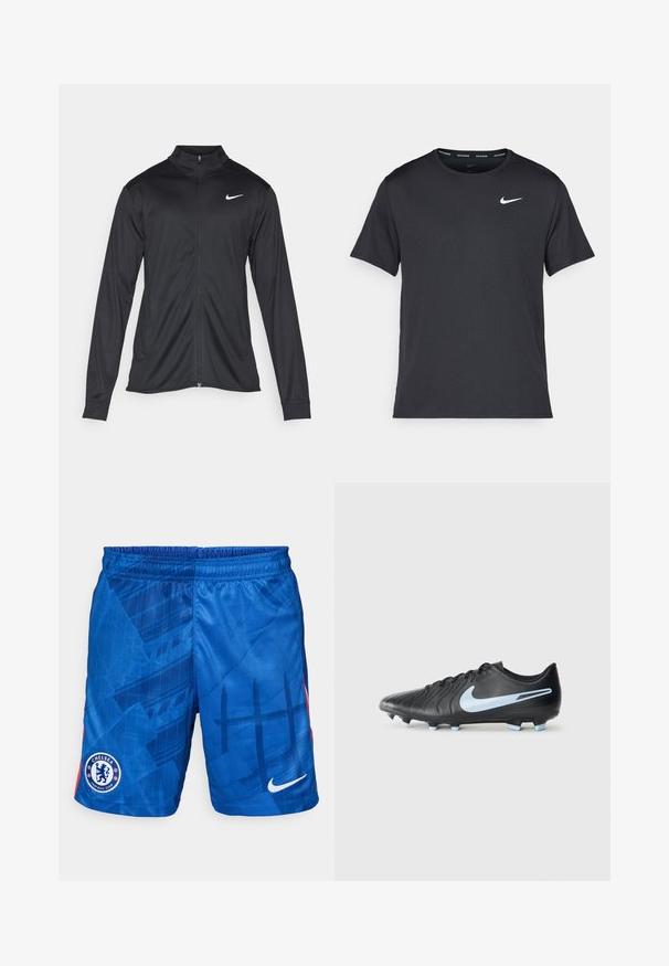 Zwarte sportjack met lange mouwen, kraag en volle rits. Voorzien van een subtiele Nike-logo in het wit op de bovenste linkerborst. Soepele textuur.; Zwarte Nike hardloop T-shirt gemaakt van lichtgewicht, ademend materiaal, met korte mouwen en een klein wit logo op de borst.; Blauwe voetbalshorts van lichtgewicht stof. Voorzien van een geometrisch patroon, elastische tailleband en het Chelsea FC-logo op het linkerbeen.; Zwarte voetbalschoen met een bovenwerk van leren textuur, blauwe swoosh-logo en lichtblauwe noppen. Heeft een slank ontwerp en veter sluiting.