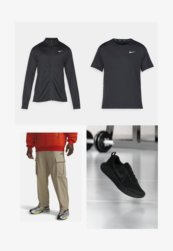 Zwarte sportjack met lange mouwen, kraag en volle rits. Voorzien van een subtiele Nike-logo in het wit op de bovenste linkerborst. Soepele textuur.; Zwarte Nike hardloop T-shirt gemaakt van lichtgewicht, ademend materiaal, met korte mouwen en een klein wit logo op de borst.; Beige cargobroeken met zijzakken, lichtgewicht stof en een getailleerd ontwerp. Gecombineerd met zwarte en zilveren sportschoenen met gele accenten.; Zwarte sportschoen met een gestructureerd mesh bovenwerk, een rubberen zool en een opvallend donker swoosh-logo. Voorzien van een gevoerde kraag en een vetersluiting.