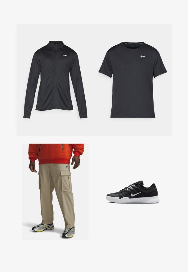 Zwarte sportjack met lange mouwen, kraag en volle rits. Voorzien van een subtiele Nike-logo in het wit op de bovenste linkerborst. Soepele textuur.; Zwarte Nike hardloop T-shirt gemaakt van lichtgewicht, ademend materiaal, met korte mouwen en een klein wit logo op de borst.; Beige cargobroeken met zijzakken, lichtgewicht stof en een getailleerd ontwerp. Gecombineerd met zwarte en zilveren sportschoenen met gele accenten.; Zwarte sportieve schoen met een gestructureerde bovenkant, witte Nike swoosh en een witte rubberen zool. Beschikt over een veterontwerp en een dynamische vorm.