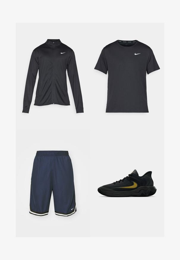 Must värvi sportlik jakk pikkade varrukatega, krae ja täispikk tõmblukk. Ülemises vasakus rinnas on diskreetne valge Nike logo. Sile tekstuur.; Mustamust Nike'i jooksupaita, mis on valmistatud kergest ja hingavast materjalist, lühikeste varrukatega ja mille rinnal on väike valge logo.; Nike Performance DNA SHORT - Spordišortsid - midnight navy/black/white; Mustmust värvi ja tumeda halli sportlik king, millel on mustad paelad ja kuldne swooshi logo, ning laineline tald ja pehmendatud kand.
