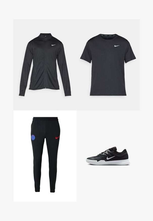 Crna sportska jakna s dugim rukavima, ovratnikom i punim patentnim zatvaračem. Ima suptilan Nike logo u bijeloj boji na gornjem lijevom dijelu prsne oznake. Glatka tekstura.; Crna Nike majica za trčanje napravljena od laganog, prozračnog materijala, s kratkim rukavima i malim bijelim logotipom na prsima.; Crne rebraste atletske hlače s plavim grbom i crvenim Nike logom, dizajnirane s uskim krojem i rastezljivim materijalom za udobnost.; Crna sportska cipela s teksturiranim gornjim dijelom, bijelim Nike swooshom i bijelim gumennim potplatom. Ima dizajn s vezanjem i dinamičan oblik.