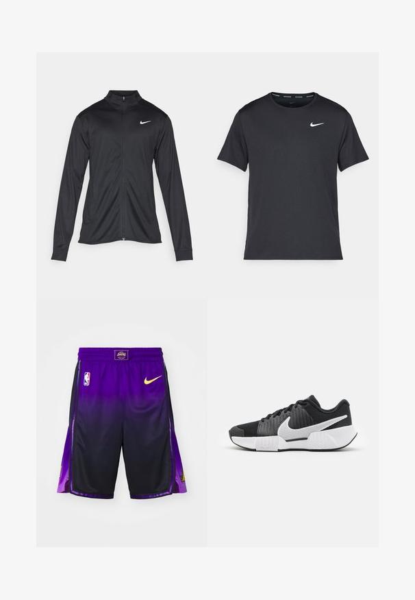 Fekete sportdzseki hosszú ujjal, gallérral és teljes cipzárral. Diszkrét fehér Nike logóval az upper bal mellen. Sima textúra.; Fekete Nike futó póló, könnyű, légáteresztő anyagból készült, rövid ujjú, és a mellkasán egy kicsi fehér logó található.; Lila kosárlabdás nadrág sötétfekete gradienssel, gumis derékkal, fekete oldalsó panelek, sárga Nike logóval és Lakers emblémával a szegély közelében.; Fekete sportcipők textúrázott felsőrésszel, fehér Swoosh logóval, párnázott sarokkal és kontrasztos fehér talppal, amelyet zigzag minta díszít.