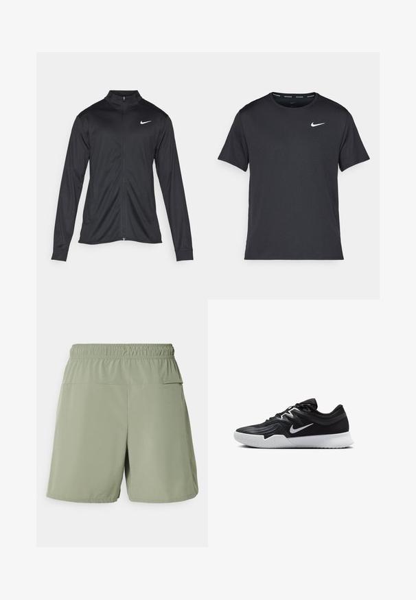 Černá sportovní bunda s dlouhými rukávy, límcem a plným zipem. Má decentní bílou logo značky Nike na horní levé části hrudi. Hladká textura.; Černé běžecké tričko Nike vyrobené z lehkého a prodyšného materiálu, s krátkými rukávy a malým bílým logem na hrudi.; Nike Performance UNLIMITED - Sportovní kraťasy - dark stucco; Černá atletická bota s texturovaným svrškem, bílým logem Nike a bílou gumovou podrážkou. Disponuje šněrovacím designem a dynamickým tvarem.