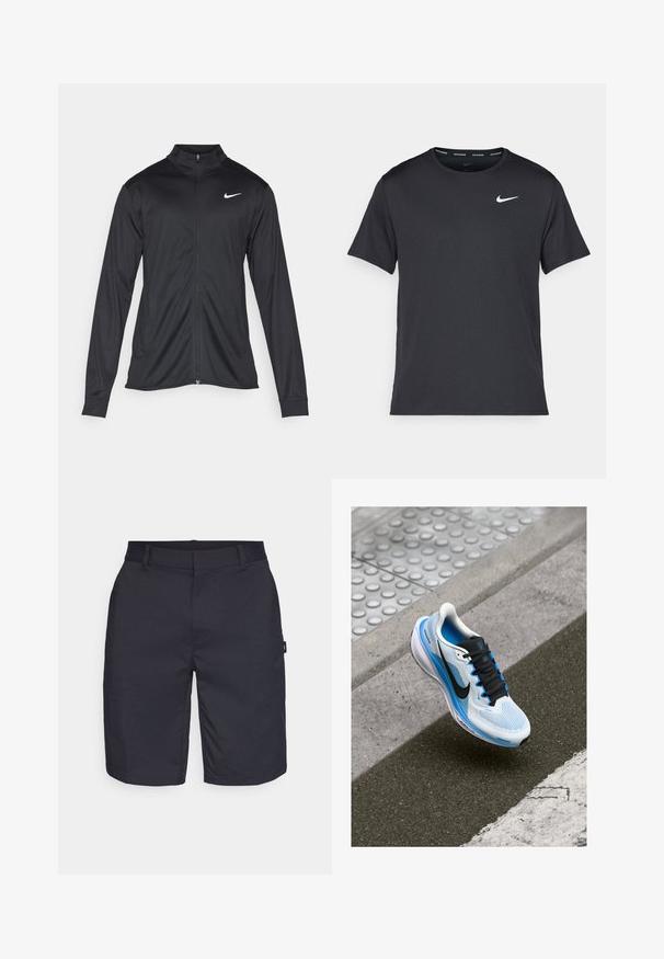 Black athletic jacket with long sleeves, collar, and full zipper. Features a subtle Nike logo in white on the upper left chest. Smooth texture.; Black Nike running T-shirt made of lightweight, breathable material, featuring short sleeves and a small white logo on the chest.; Oakley TERRAIN SHORT - Sports shorts - blackout; White and blue running shoe with black laces and Nike swoosh hovering above asphalt and sidewalk curb.