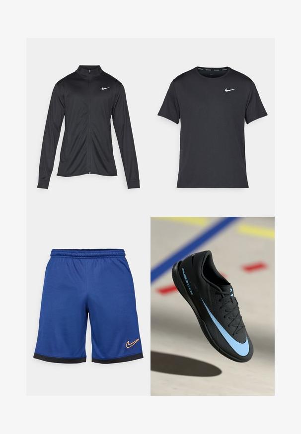 Jacket desportivo preto com mangas longas, colarinho e fecho zip completo. Apresenta um discreto logotipo da Nike em branco na parte superior do lado esquerdo do peito. Textura suave.; T-shirt de corrida Nike preto, feito de material leve e respirável, com mangas curtas e um pequeno logo branco no peito.; Calções de desporto masculinos da Nike, azuis, com um cós elástico, detalhes pretos na bainha e um logótipo laranja no canto inferior esquerdo.; Shoe atlético preto com detalhes azuis, superfície texturizada, design de atacadores e logótipos distintivos da Nike. Sola em borracha com padrões de aderência.