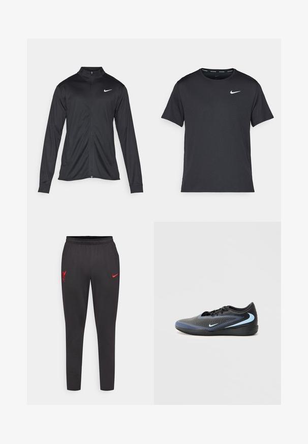 Black athletic jacket with long sleeves, collar, and full zipper. Features a subtle Nike logo in white on the upper left chest. Smooth texture.; Black Nike running T-shirt made of lightweight, breathable material, featuring short sleeves and a small white logo on the chest.; Black jogger pants made of smooth material, featuring a red Liverpool FC logo and a red Nike swoosh. Elastic waistband for comfort.; Black and blue low-cut athletic shoe with textured surface, black laces, and light blue Nike swoosh logos on side and sole.