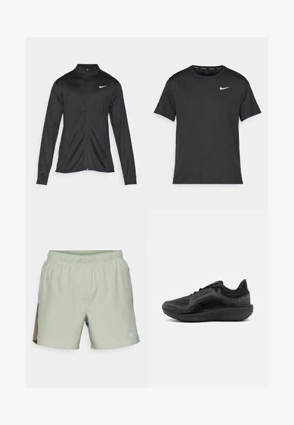 Črna atletska jakna z dolgimi rokavi, ovratnikom in polnim zadrgo. Vključuje diskreten bel Nike logotip na zgornjem levem delu prsnega koša. Gladka tekstura.; Črna tekaška majica Nike, izdelana iz lahkega in zračnega materiala, z kratkimi rokavi in majhnim belim logotipom na prsih.; Nike Performance CHALLENGER SHORT - Športne kratke hlače - jade horizon/medium olive/black/reflective silver; Črne športne čevlje z teksturirano prešito zgornjo plastjo, eleganten dizajn in črn gumijast podplat. Imajo vidno oznako in blagovno znamko Gore-Tex.