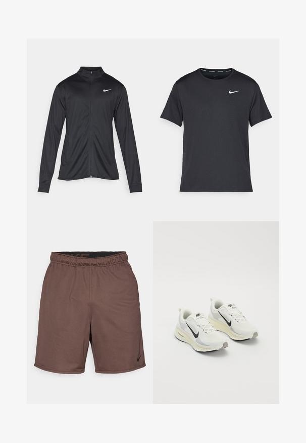 Čierna športová bunda s dlhými rukávmi, golierom a plným zipsom. Obsahuje nenápadné logo Nike v bielej farbe na hornej ľavej hrudi. Hladká textúra.; Čierne bežecké tričko Nike vyrobené z ľahkého a priedušného materiálu, s krátkymi rukávmi a malým bielym logom na hrudi.; Hnedé športové šortky s elastickým pásom, s textúrovanou tkaninou a malým čiernym logom Nike na dolnej pravej strane.; Bežecké topánky vyrobené z bielej priedušnej sieťoviny s svetlo šedými akcentmi. Majú čierne logo Swoosh a svetlo šedú gumovú podrážku.