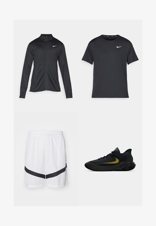 Černá sportovní bunda s dlouhými rukávy, límcem a plným zipem. Má decentní bílou logo značky Nike na horní levé části hrudi. Hladká textura.; Černé běžecké tričko Nike vyrobené z lehkého a prodyšného materiálu, s krátkými rukávy a malým bílým logem na hrudi.; Nike Performance ICON SHORT - Sportovní kraťasy - white/black; Černá a tmavě šedá sportovní obuv s černými tkaničkami a zlatým logem ve tvaru síťoviny, s vlnitým designem podrážky a polstrovaným límcem kolem paty.