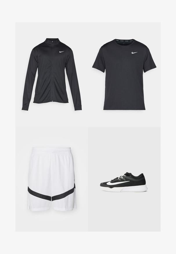 Chaqueta atlética negra con mangas largas, collar y cremallera completa. Presenta un sutil logo de Nike en blanco en la parte superior izquierda del pecho. Textura suave.; Camiseta de running negra de Nike, hecha de material ligero y transpirable, con mangas cortas y un pequeño logo blanco en el pecho.; Nike Performance ICON SHORT - Pantalón corto de deporte - white/black; Zapato deportivo negro con parte superior texturizada, logo de swoosh blanco, diseño de cordones y suela de goma con un diseño de banda de rodadura.