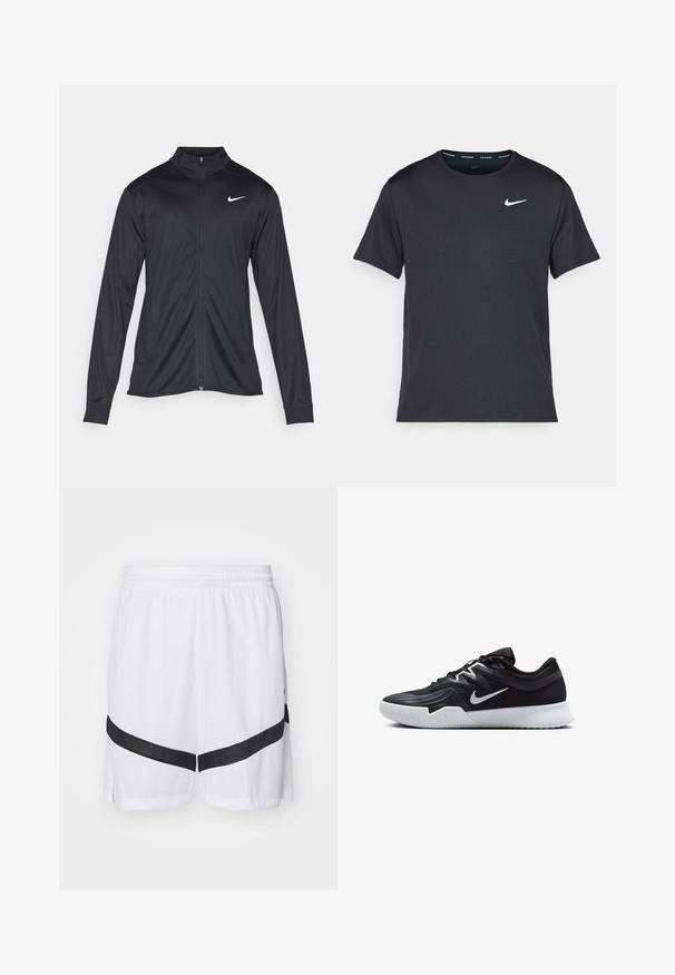 Must värvi sportlik jakk pikkade varrukatega, krae ja täispikk tõmblukk. Ülemises vasakus rinnas on diskreetne valge Nike logo. Sile tekstuur.; Mustamust Nike'i jooksupaita, mis on valmistatud kergest ja hingavast materjalist, lühikeste varrukatega ja mille rinnal on väike valge logo.; Nike Performance ICON SHORT - Spordišortsid - white/black; Must mustad jalanikesad rikaste ülaservaga, valge Nike swoosh'i ja valge kummist välispõhjaga. Omab paeltega sulgemisdetaili ja dünaamilist kuju.