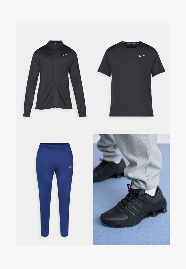 Melna sporta jaka ar garām piedurknēm, apkakli un pilnu rāvējslēdzēju. Uz kreisā krūts augšdaļas ir maigs Nike logo baltā krāsā. Gluda tekstūra.; Melna Nike skriešanas T-kreklā, kas izgatavots no viegla un elpojoša materiāla, ar īsām piedurknēm un mazu baltu logo uz krūtīm.; Tums zilas, pieguļošas sporta bikses ar elastīgu jostu un oranžu Nike svītru labajā augšstilbā uz baltā fona.; Cilvēks valkā melnus Nike Shox sporta apavus un pelēkus sporta bikses, stāvot uz gaiši zilā paklāja.