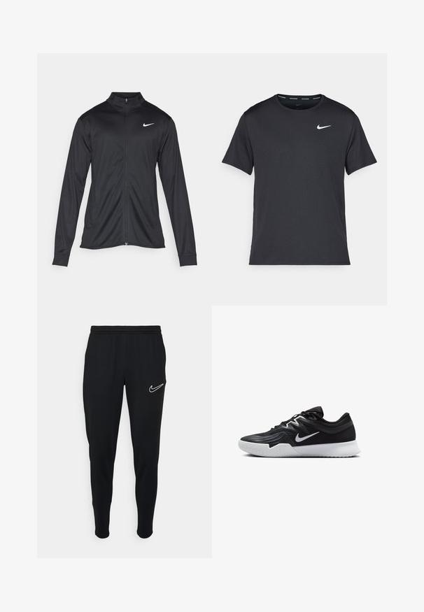 Čierna športová bunda s dlhými rukávmi, golierom a plným zipsom. Obsahuje nenápadné logo Nike v bielej farbe na hornej ľavej hrudi. Hladká textúra.; Čierne bežecké tričko Nike vyrobené z ľahkého a priedušného materiálu, s krátkymi rukávmi a malým bielym logom na hrudi.; Čierne športové nohavice s elastickým pásom, úzky strih a biele logo Nike na ľavej strane. Mäkká látka s hladkou textúrou.; Čierna športová topánka s textúrovaným zvrškom, bielym logom Nike a bielou gumovou podrážkou. Má šnurovací dizajn a dynamický tvar.
