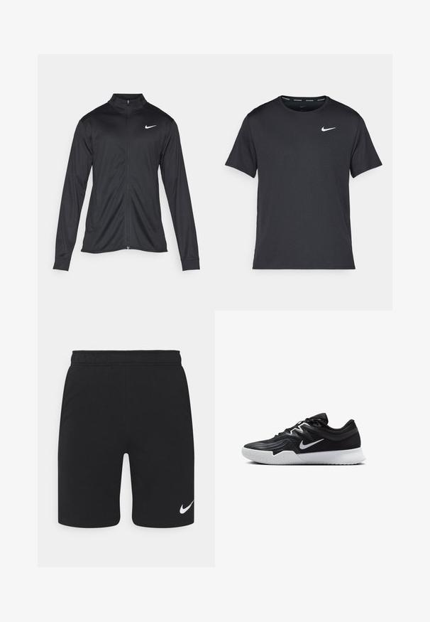 Crna sportska jakna s dugim rukavima, ovratnikom i punim patentnim zatvaračem. Ima suptilan Nike logo u bijeloj boji na gornjem lijevom dijelu prsne oznake. Glatka tekstura.; Crna Nike majica za trčanje napravljena od laganog, prozračnog materijala, s kratkim rukavima i malim bijelim logotipom na prsima.; Nike Performance M NK DRY SHORT FLC - Sportske kratke hlače - black/white; Crna sportska cipela s teksturiranim gornjim dijelom, bijelim Nike swooshom i bijelim gumennim potplatom. Ima dizajn s vezanjem i dinamičan oblik.