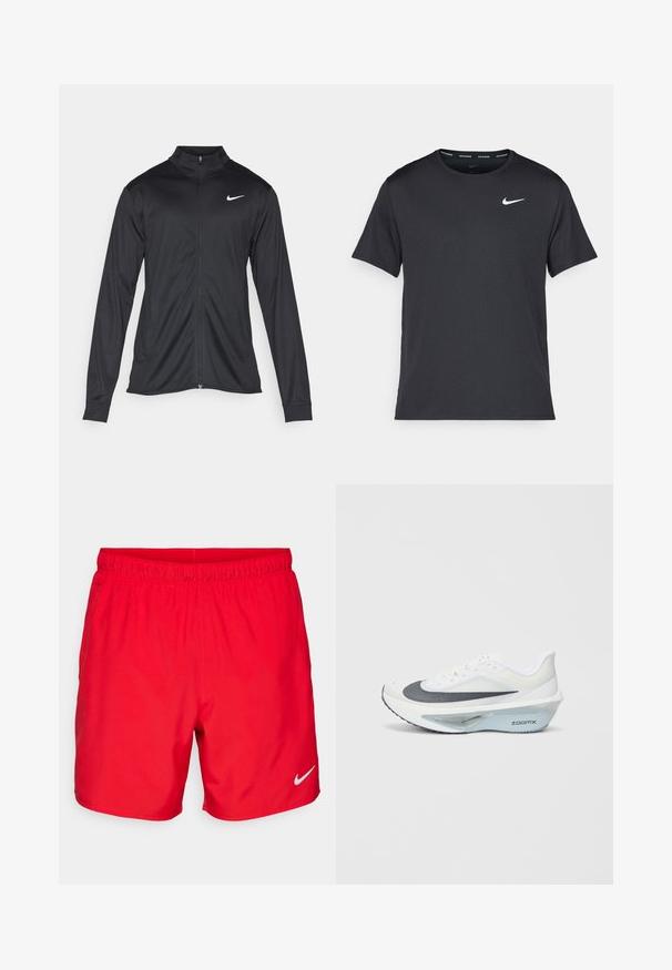 Čierna športová bunda s dlhými rukávmi, golierom a plným zipsom. Obsahuje nenápadné logo Nike v bielej farbe na hornej ľavej hrudi. Hladká textúra.; Čierne bežecké tričko Nike vyrobené z ľahkého a priedušného materiálu, s krátkymi rukávmi a malým bielym logom na hrudi.; Červené športové šortky vyrobené z ľahkej látky. Majú elastický pás, bočné vrecká a malé biele logo Nike na dolnej prednej strane.; Biele športové topánky s šedou sieťovinou, modrou strednou podrážkou z peny ZoomX a zakrivenou podrážkou pre zvýšenú dynamiku a pohodlie.