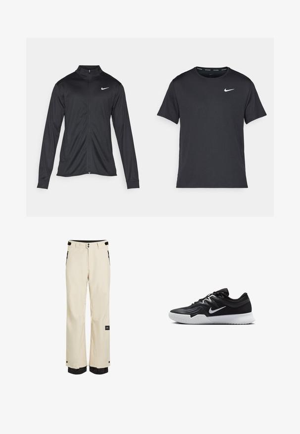 Zwarte sportjack met lange mouwen, kraag en volle rits. Voorzien van een subtiele Nike-logo in het wit op de bovenste linkerborst. Soepele textuur.; Zwarte Nike hardloop T-shirt gemaakt van lichtgewicht, ademend materiaal, met korte mouwen en een klein wit logo op de borst.; Beige sneeuwbroek met zwarte accenten, gewone pasvorm, waterdicht materiaal, verstelbare taille, ritszakken en elastische manchetten bij de enkels.; Zwarte sportieve schoen met een gestructureerde bovenkant, witte Nike swoosh en een witte rubberen zool. Beschikt over een veterontwerp en een dynamische vorm.
