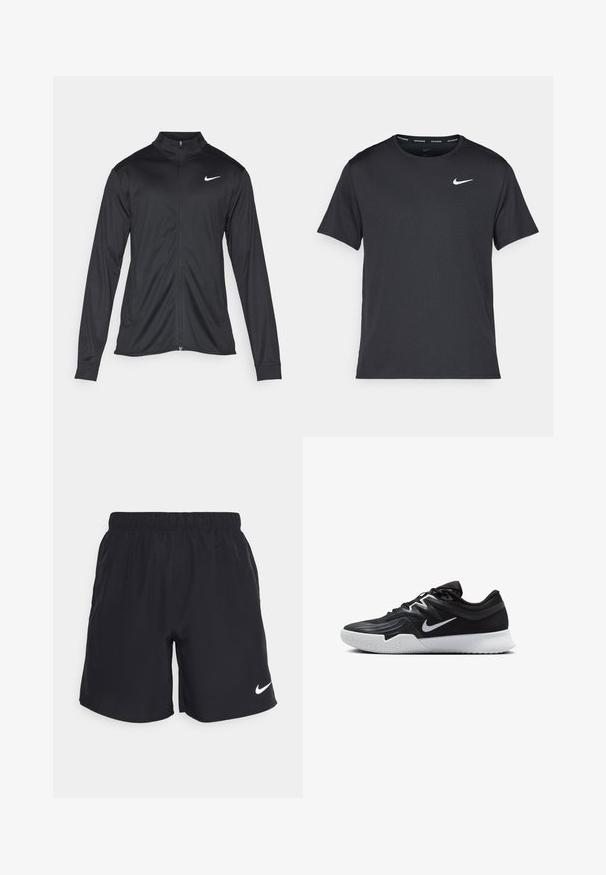 Črna atletska jakna z dolgimi rokavi, ovratnikom in polnim zadrgo. Vključuje diskreten bel Nike logotip na zgornjem levem delu prsnega koša. Gladka tekstura.; Črna tekaška majica Nike, izdelana iz lahkega in zračnega materiala, z kratkimi rokavi in majhnim belim logotipom na prsih.; Črne atletske kratke hlače iz lahkotnega materiala z elastičnim pasom in belim logotipom Nike na spodnjem levem delu noge.; Črne atletske čevlje z teksturirano zgornjico, belim Nike znakom in belim gumijastim zunanjim podplatom. Imajo vezalni dizajn in dinamično obliko.