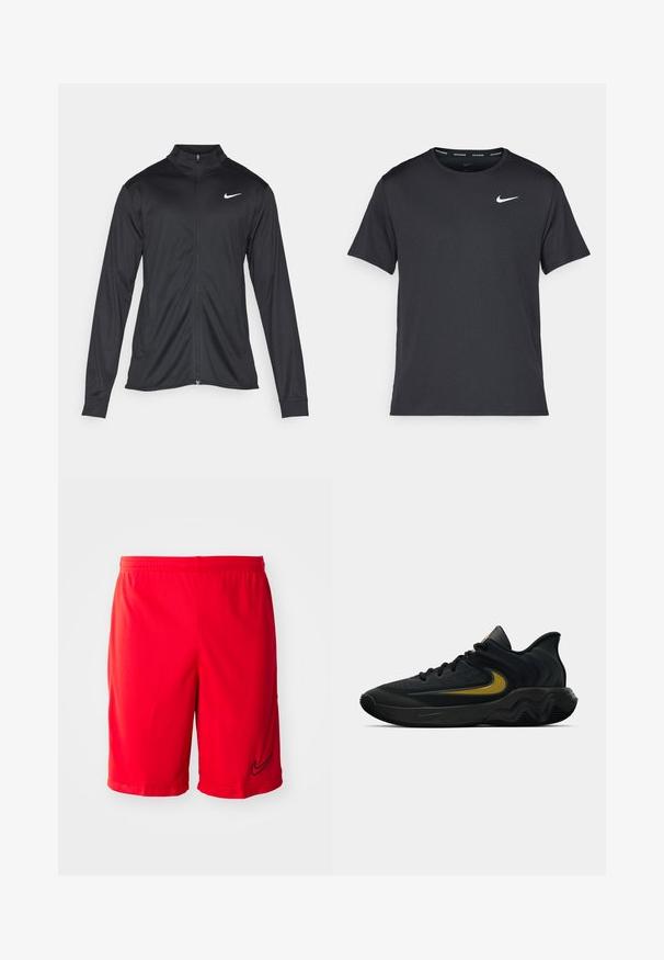 Juodas sportinis švarkas su ilgomis rankovėmis, apykakle ir pilnu užtrauktuku. Yra subtilus baltas Nike logotipas kairėje krūtinės pusėje. Lygus tekstūra.; Juodas Nike bėgimo marškinėlis, pagamintas iš lengvos, kvėpuojančios medžiagos, turintis trumpas rankoves ir mažą baltą logotipą ant krūtinės.; Raudoni sportiniai šortai, pagaminti iš lengvos medžiagos, su juodu logotipo akcentu, elastinga juosta ir šoninėmis vėdinimo angomis, užtikrinančiomis geresnį oro pralaidumą.; Juodos ir tamsiai pilkos sportinės bateliai su juodais raišteliais ir auksiniu šypsenėlių logotipu, turintys bangos formos pado dizainą ir paminkštintą kulkšnies apykaklę.