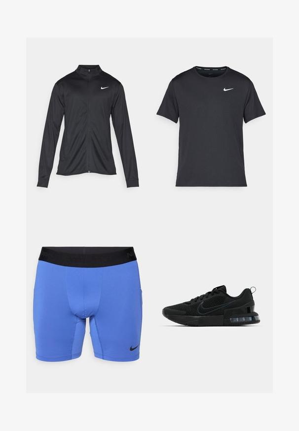 Černá sportovní bunda s dlouhými rukávy, límcem a plným zipem. Má decentní bílou logo značky Nike na horní levé části hrudi. Hladká textura.; Černé běžecké tričko Nike vyrobené z lehkého a prodyšného materiálu, s krátkými rukávy a malým bílým logem na hrudi.; Modré sportovní šortky vyrobené z elastického materiálu, s černým elastickým pasem s textem "Nike Pro" a malým černým logem na dolním levém rohu.; Černá atletická bota Nike s vrchní částí z technické síťoviny, gumovou podrážkou, polstrovaným límcem a výrazným průhledným akcentem na patě.
