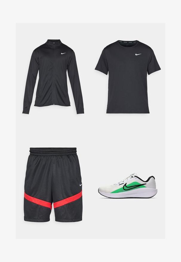 Čierna športová bunda s dlhými rukávmi, golierom a plným zipsom. Obsahuje nenápadné logo Nike v bielej farbe na hornej ľavej hrudi. Hladká textúra.; Čierne bežecké tričko Nike vyrobené z ľahkého a priedušného materiálu, s krátkymi rukávmi a malým bielym logom na hrudi.; Nike Performance ICON SHORT - Športové šortky - black/university red/white; Biela športová obuv s zeleným akcentom, čiernym logom, sieťovaným zvrškom, polstrovanou podrážkou a zaoblenou pätou. Obsahuje šnúrky a kontrastné detaily.