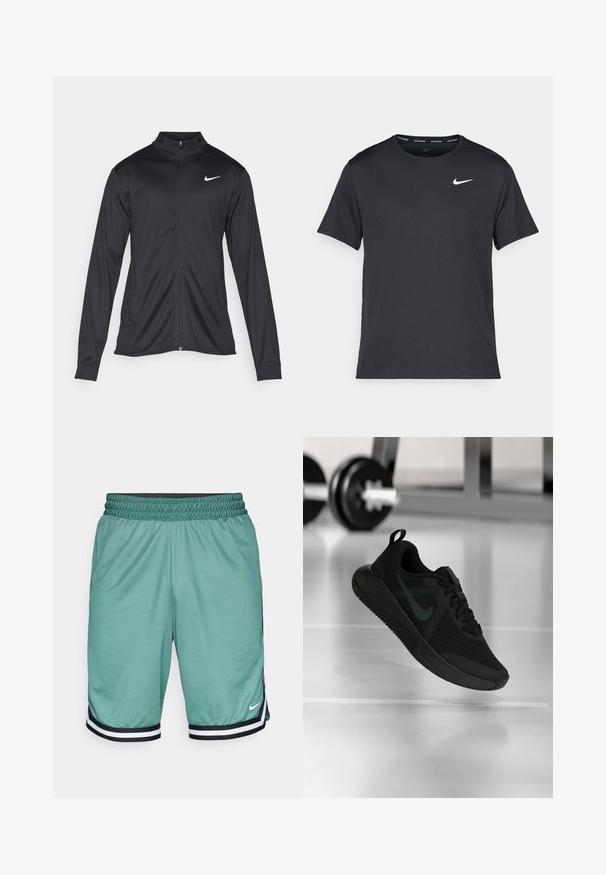 Must värvi sportlik jakk pikkade varrukatega, krae ja täispikk tõmblukk. Ülemises vasakus rinnas on diskreetne valge Nike logo. Sile tekstuur.; Mustamust Nike'i jooksupaita, mis on valmistatud kergest ja hingavast materjalist, lühikeste varrukatega ja mille rinnal on väike valge logo.; Roheline võrgusilma sportlikku lühikesed püksid musta elastse vöökoha ja valgete ning mustade triibuliste detailidega allääres, millel on väike logo.; Must sportlik jalanõu tekstuurse võrkmaterjalist pealse, kummist tallaga ja märgatava tumeda Swoosh-logo. Omab polsterdatud kaelust ja paeladega kinnitust.