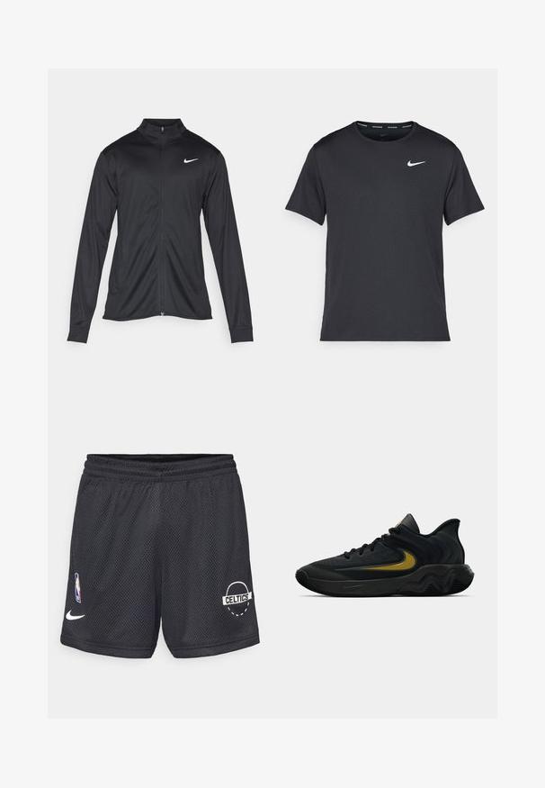 Must värvi sportlik jakk pikkade varrukatega, krae ja täispikk tõmblukk. Ülemises vasakus rinnas on diskreetne valge Nike logo. Sile tekstuur.; Mustamust Nike'i jooksupaita, mis on valmistatud kergest ja hingavast materjalist, lühikeste varrukatega ja mille rinnal on väike valge logo.; Mustad mustree korvpallishortsid elastse vöökoha ja valge Nike logo ning Boston Celtics'i prindiga paremal küljel.; Mustmust värvi ja tumeda halli sportlik king, millel on mustad paelad ja kuldne swooshi logo, ning laineline tald ja pehmendatud kand.