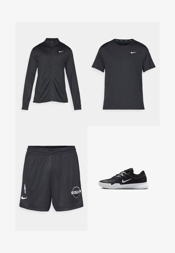 Črna atletska jakna z dolgimi rokavi, ovratnikom in polnim zadrgo. Vključuje diskreten bel Nike logotip na zgornjem levem delu prsnega koša. Gladka tekstura.; Črna tekaška majica Nike, izdelana iz lahkega in zračnega materiala, z kratkimi rokavi in majhnim belim logotipom na prsih.; Črne košarkarske hlače iz mreže z elastičnim pasom, ki na desni strani vsebujejo belo Nike logotip in tisk Boston Celtics.; Črne atletske čevlje z teksturirano zgornjico, belim Nike znakom in belim gumijastim zunanjim podplatom. Imajo vezalni dizajn in dinamično obliko.