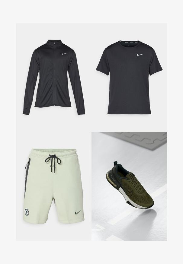 Veste de sport noire à manches longues, avec col et fermeture éclair intégrale. Présente un logo Nike subtil en blanc sur le côté supérieur gauche de la poitrine. Texture lisse.; T-shirt de course noir Nike en matériau léger et respirant, avec des manches courtes et un petit logo blanc sur la poitrine.; Shorts de sport verts clairs avec des accents noirs, taille élastique avec cordon de serrage, poches latérales et logo Chelsea FC brodé. Fabriqués en tissu doux.; Baskets de sport vert olive avec une tige en mesh, des accents noirs et une semelle intermédiaire mouchetée blanche. Elles disposent d'une pointe arrondie et d'un amorti au niveau du talon.