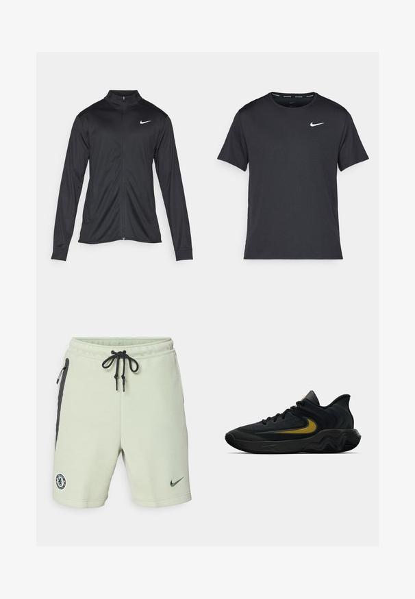 Svart idrettsjakke med lange ermer, krage og full glidelås. Har en subtil Nike-logo i hvitt på øvre venstre bryst. Glatt tekstur.; Svart Nike løpe-T-skjorte laget av lett, pustende stoff, med korte ermer og en liten hvit logo på brystet.; Lys grønne shorts i sweatshirtmateriale med sorte detaljer, snorindtræk i taljen, sidelommer og broderet Chelsea FC-logo. Lavet af blødt stof.; Svart og mørkegrå idrettssko med svarte lisser og gull swoosh-logo, med en bølget såle design og polstret hælkollare.