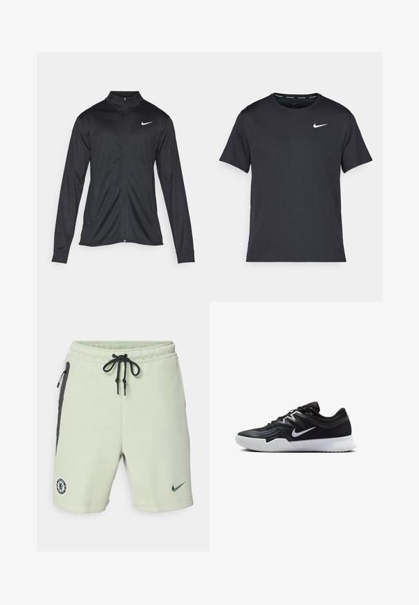 Čierna športová bunda s dlhými rukávmi, golierom a plným zipsom. Obsahuje nenápadné logo Nike v bielej farbe na hornej ľavej hrudi. Hladká textúra.; Čierne bežecké tričko Nike vyrobené z ľahkého a priedušného materiálu, s krátkymi rukávmi a malým bielym logom na hrudi.; Svetlozelené športové šortky s čiernymi akcentmi, s opaskom na sťahovanie, bočnými vreckami a vyšívaným logom Chelsea FC. Vyrobené z mäkkej tkaniny.; Čierna športová topánka s textúrovaným zvrškom, bielym logom Nike a bielou gumovou podrážkou. Má šnurovací dizajn a dynamický tvar.