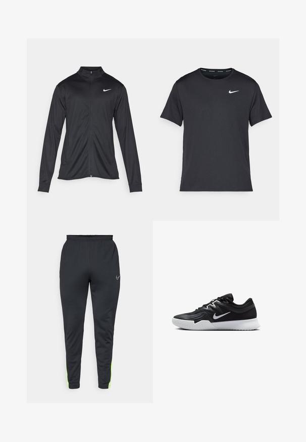 Sort atletisk jakke med lange ærmer, krave og fuld lynlås. Har et diskret Nike-logo i hvidt på den øverste venstre side af brystet. Glat tekstur.; Sort Nike løbe T-shirt lavet af let, åndbart materiale, med korte ærmer og et lille hvidt logo på brystet.; Sorte træningsbukser med en afsmalnet design, elastisk talje og klare grønne detaljer langs siden. Lavet af glat, let materiale.; Sort atletiksko med en tekstureret overdel, hvid Nike swoosh og en hvid gummisål. Har en snørret design og dynamisk form.