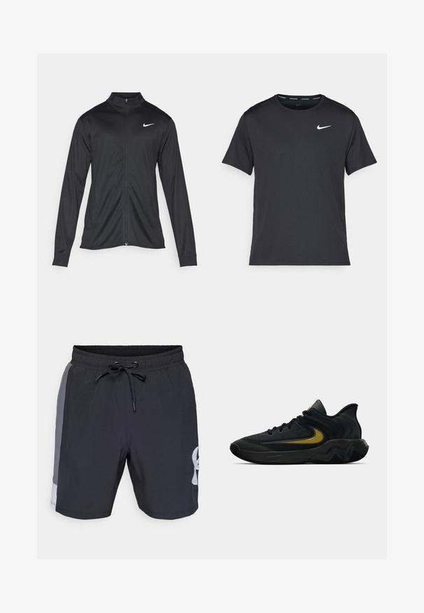 Crna sportska jakna s dugim rukavima, ovratnikom i punim patentnim zatvaračem. Ima suptilan Nike logo u bijeloj boji na gornjem lijevom dijelu prsne oznake. Glatka tekstura.; Crna Nike majica za trčanje napravljena od laganog, prozračnog materijala, s kratkim rukavima i malim bijelim logotipom na prsima.; Crne kupaće hlače s elastičnim pojasom, podesivim vezicom i sivim bočnim panelima. Sadrži bijeli logo na donjem dijelu nogavice. Glatka tekstura.; Crne i tamnosive atletske tenisice s crnim vezicama i zlatnim Swoosh logom, sa valovitom dizajnom đona i podstavljenim ovratnikom na peti.