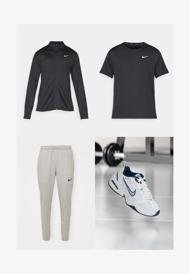Črna atletska jakna z dolgimi rokavi, ovratnikom in polnim zadrgo. Vključuje diskreten bel Nike logotip na zgornjem levem delu prsnega koša. Gladka tekstura.; Črna tekaška majica Nike, izdelana iz lahkega in zračnega materiala, z kratkimi rokavi in majhnim belim logotipom na prsih.; Svijetlosive trenirke napravljene od mekog pamuka, s tapered dizajnom, elastičnim pojasom i crnim Nike logom na lijevom bedru.; Bela športna copata z mornarsko modrim poudarkom, zgornji del iz mrežaste in usnjene kombinacije, ojačan prst in črna gumijasta podplat. Ponuja značilno Nike blagovno znamko.