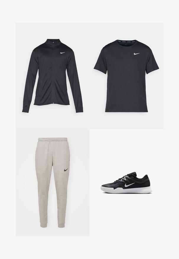 Čierna športová bunda s dlhými rukávmi, golierom a plným zipsom. Obsahuje nenápadné logo Nike v bielej farbe na hornej ľavej hrudi. Hladká textúra.; Čierne bežecké tričko Nike vyrobené z ľahkého a priedušného materiálu, s krátkymi rukávmi a malým bielym logom na hrudi.; Svetlošedé tepláky vyrobené z mäkkého zmesi bavlny, s úzkym strihom, elastickým pásom a čiernym logom Nike na ľavom stehne.; Čierna športová topánka s textúrovaným zvrškom, bielym logom Nike a bielou gumovou podrážkou. Má šnurovací dizajn a dynamický tvar.