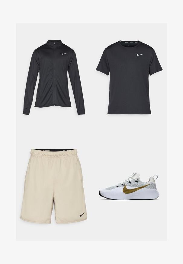 Crna sportska jakna s dugim rukavima, ovratnikom i punim patentnim zatvaračem. Ima suptilan Nike logo u bijeloj boji na gornjem lijevom dijelu prsne oznake. Glatka tekstura.; Crna Nike majica za trčanje napravljena od laganog, prozračnog materijala, s kratkim rukavima i malim bijelim logotipom na prsima.; Bež sportske kratke hlače napravljene od lagane tkanine s elastičnim pojasom, s malim crnim Nike logotipom na donjoj desnoj strani.; Bijela i siva tenisica za trčanje s teksturiranim gornjim dijelom, velikim zlatnim Nike znakom sa strane, crnim vezicama, bijelim potplatom i petnom trakom.
