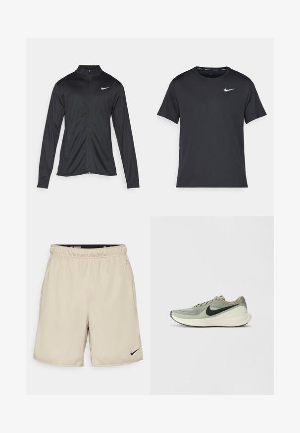 Chaqueta atlética negra con mangas largas, collar y cremallera completa. Presenta un sutil logo de Nike en blanco en la parte superior izquierda del pecho. Textura suave.; Camiseta de running negra de Nike, hecha de material ligero y transpirable, con mangas cortas y un pequeño logo blanco en el pecho.; Pantalones cortos deportivos color beige, hechos de tejido ligero con una cinturilla elástica, que presentan un pequeño logotipo negro de Nike en la parte inferior derecha.; Nike Performance REVOLUTION 8 - Zapatillas running asfalto - army/black/jade horizon/phantom