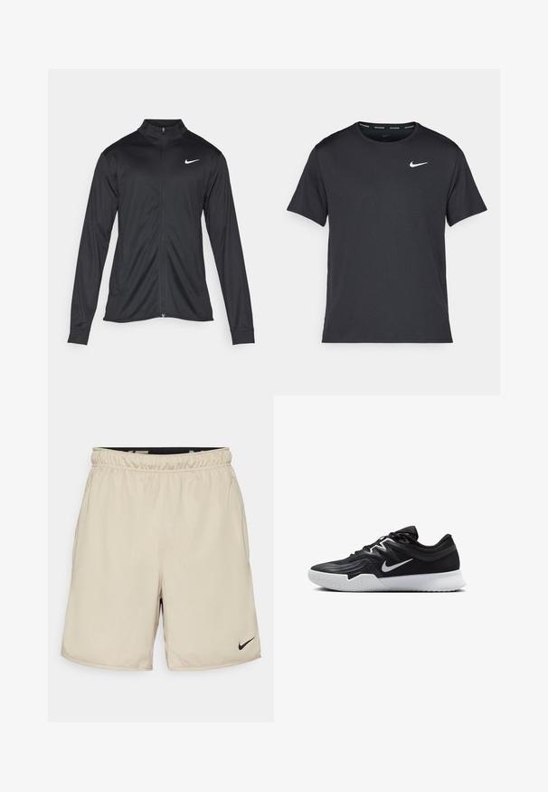 Svart idrettsjakke med lange ermer, krage og full glidelås. Har en subtil Nike-logo i hvitt på øvre venstre bryst. Glatt tekstur.; Svart Nike løpe-T-skjorte laget av lett, pustende stoff, med korte ermer og en liten hvit logo på brystet.; Beige idrettsshorts laget av lett materiale med elastisk liv, med en liten svart Nike-logg nederst til høyre.; Svart treningssko med teksturert overdel, hvit Nike-swoosh og hvit gummisåle. Har snøring og en dynamisk form.