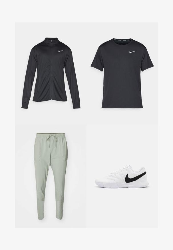 Černá sportovní bunda s dlouhými rukávy, límcem a plným zipem. Má decentní bílou logo značky Nike na horní levé části hrudi. Hladká textura.; Černé běžecké tričko Nike vyrobené z lehkého a prodyšného materiálu, s krátkými rukávy a malým bílým logem na hrudi.; Nike Performance PHENOM RUNNING DIVISION - Teplákové kalhoty - jade horizon/silver; Bílé atletické boty se strukturovaným svrškem, černým logem Nike, polstrovaným límcem a pevným gumovým podešvem s vzorovaným profilem.