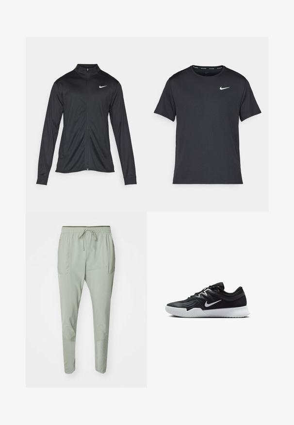 Czarna sportowa kurtka z długimi rękawami, kołnierzem i pełnym zamkiem. Posiada subtelne logo Nike w białym kolorze na lewej górnej części klatki piersiowej. Gładka tekstura.; Czarna koszulka do biegania Nike z lekkiego, oddychającego materiału, z krótkimi rękawami i małym białym logo na piersi.; Nike Performance - Spodnie treningowe; Czarne buty sportowe z teksturowaną cholewką, białym logo Nike i białą gumową podeszwą. Charakteryzują się sznurowanym zapięciem i dynamicznym kształtem.