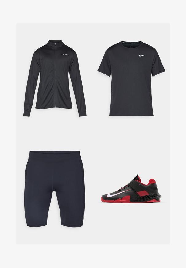 Jachetă sportivă neagră cu mâneci lungi, guler și fermoar complet. Prezintă un logo Nike subtil, alb, pe pieptul din stânga sus. Textură netedă.; Tricou de alergare Nike negru, fabricat dintr-un material ușor și respirabil, cu mâneci scurte și un mic logo alb pe piept.; Pantaloni scurți navy din material elastic cu un design ajustat. Au cusături netede și un mic logo pe piciorul stâng.; Adidași sport negri și roșii, cu un design elegant, superior din plasă texturată, talpă din cauciuc robustă și un accent proeminent al logo-ului alb.