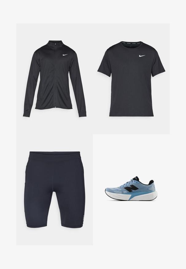 Černá sportovní bunda s dlouhými rukávy, límcem a plným zipem. Má decentní bílou logo značky Nike na horní levé části hrudi. Hladká textura.; Černé běžecké tričko Nike vyrobené z lehkého a prodyšného materiálu, s krátkými rukávy a malým bílým logem na hrudi.; Námořnické šortky vyrobené z elastického materiálu s přiléhavým střihem. Jsou vybaveny hladkými švy a malým logem na levé noze.; Světle modrá běžecká bota s černým logem, silnou bílou podrážkou a černým vnitřním podšívkou, viděná z boku na bílém pozadí.