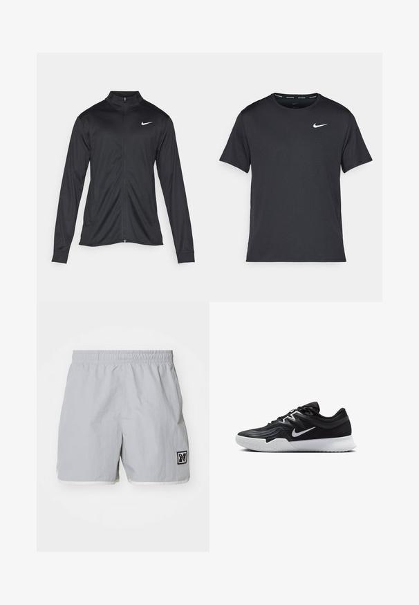 Jacket desportivo preto com mangas longas, colarinho e fecho zip completo. Apresenta um discreto logotipo da Nike em branco na parte superior do lado esquerdo do peito. Textura suave.; T-shirt de corrida Nike preto, feito de material leve e respirável, com mangas curtas e um pequeno logo branco no peito.; Calças curtas cinza claro com um cós elástico, borde branco na bainha e um emblema preto com um "N" estilizado. Tecido liso e leve.; Sapatilha atlética preta com um cabedal texturizado, swoosh branco da Nike e uma sola de borracha branca. Apresenta um design com atacadores e uma forma dinâmica.