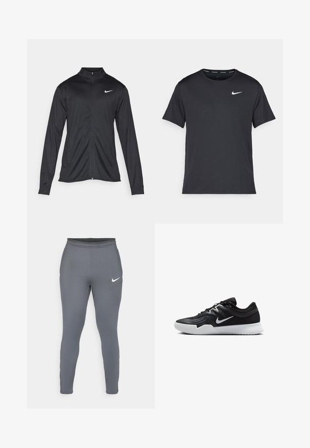 Črna atletska jakna z dolgimi rokavi, ovratnikom in polnim zadrgo. Vključuje diskreten bel Nike logotip na zgornjem levem delu prsnega koša. Gladka tekstura.; Črna tekaška majica Nike, izdelana iz lahkega in zračnega materiala, z kratkimi rokavi in majhnim belim logotipom na prsih.; Nike Performance STRIKE PANT - Spodnji deli trenirk - iron grey/dragon red/white; Črne atletske čevlje z teksturirano zgornjico, belim Nike znakom in belim gumijastim zunanjim podplatom. Imajo vezalni dizajn in dinamično obliko.