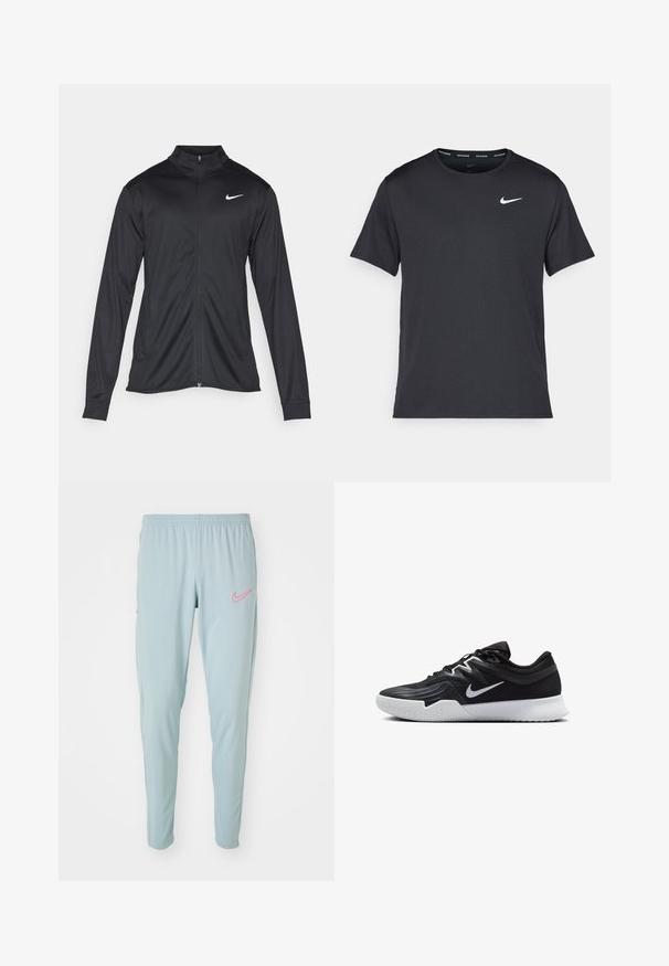 Sort atletisk jakke med lange ærmer, krave og fuld lynlås. Har et diskret Nike-logo i hvidt på den øverste venstre side af brystet. Glat tekstur.; Sort Nike løbe T-shirt lavet af let, åndbart materiale, med korte ærmer og et lille hvidt logo på brystet.; Lyseblå Nike træningsbukser har en elastisk talje, er slim fit og har lyserøde logo detaljer. Smoother tekstur med sidelommer.; Sort atletiksko med en tekstureret overdel, hvid Nike swoosh og en hvid gummisål. Har en snørret design og dynamisk form.